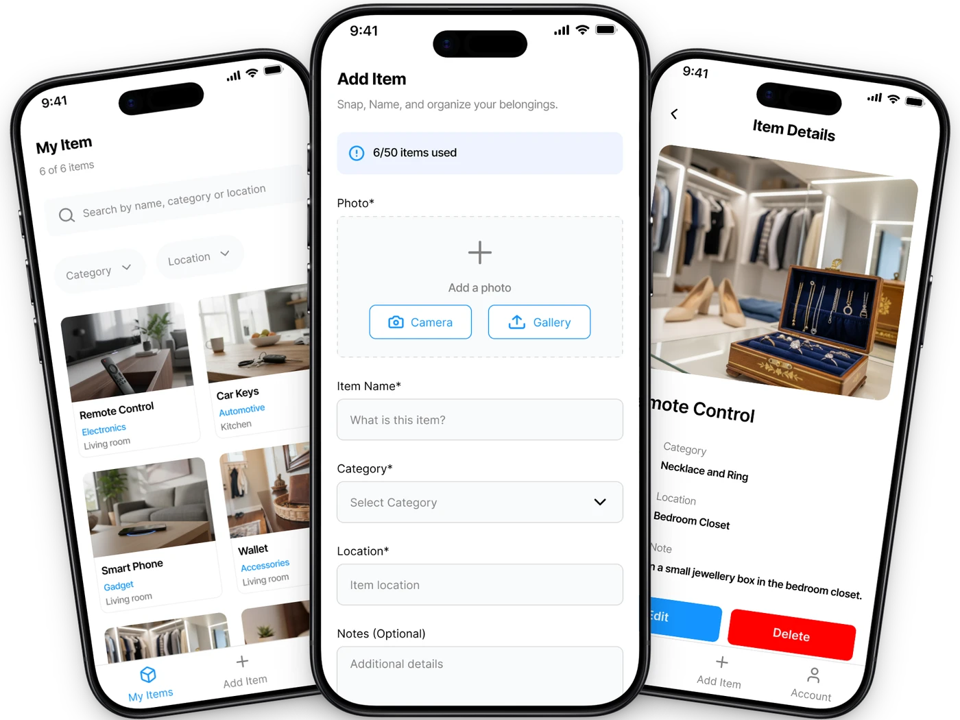 iFoundIt app showing the item list, add-item, and item details screens
